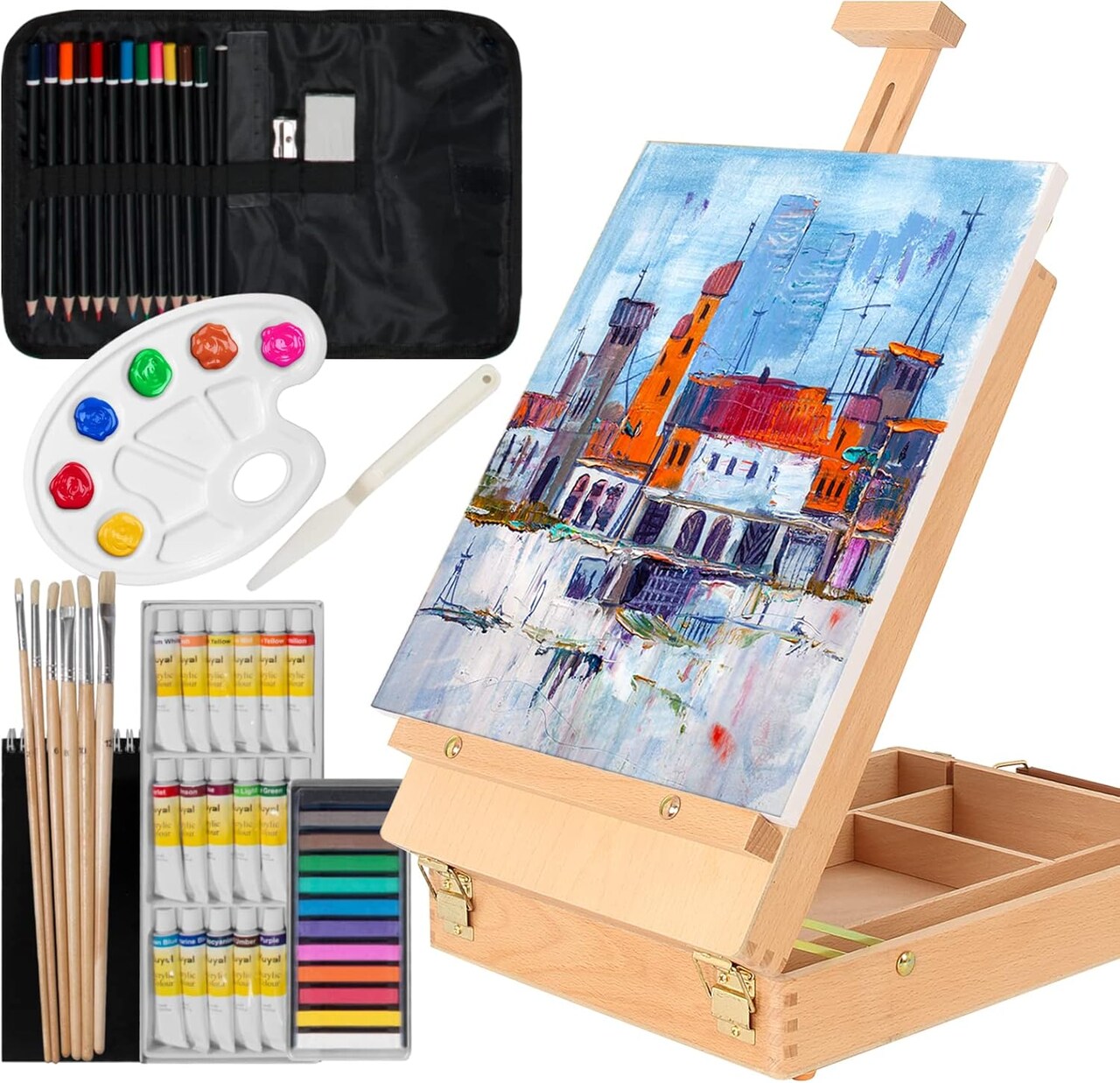 Art Kit – 45-Piece Wooden Paint Set with Box Easel, 18 Acrylic Paint Colors, Colored Pencils & Drawing Supplies for Teens, Adults & Artists
